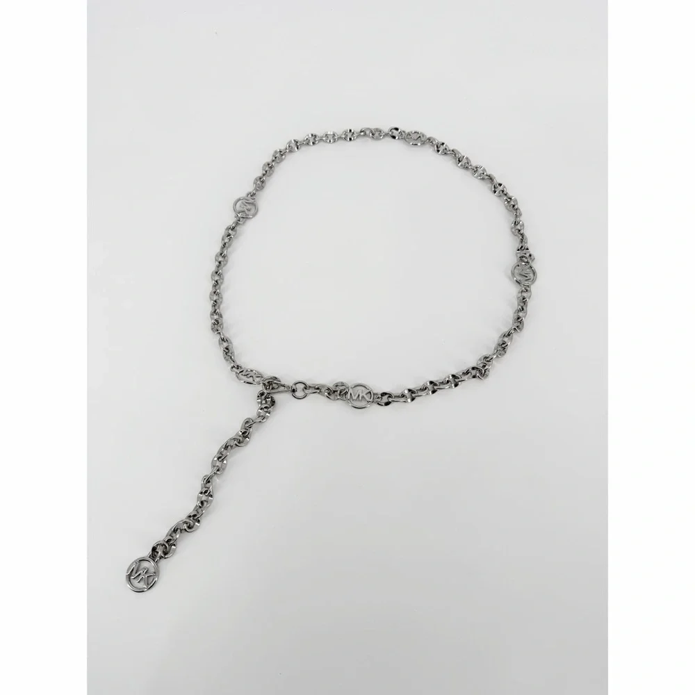 Michael Kors Silver Tone Metal Chain Link Belt With Round MK Logo Size L/XL
